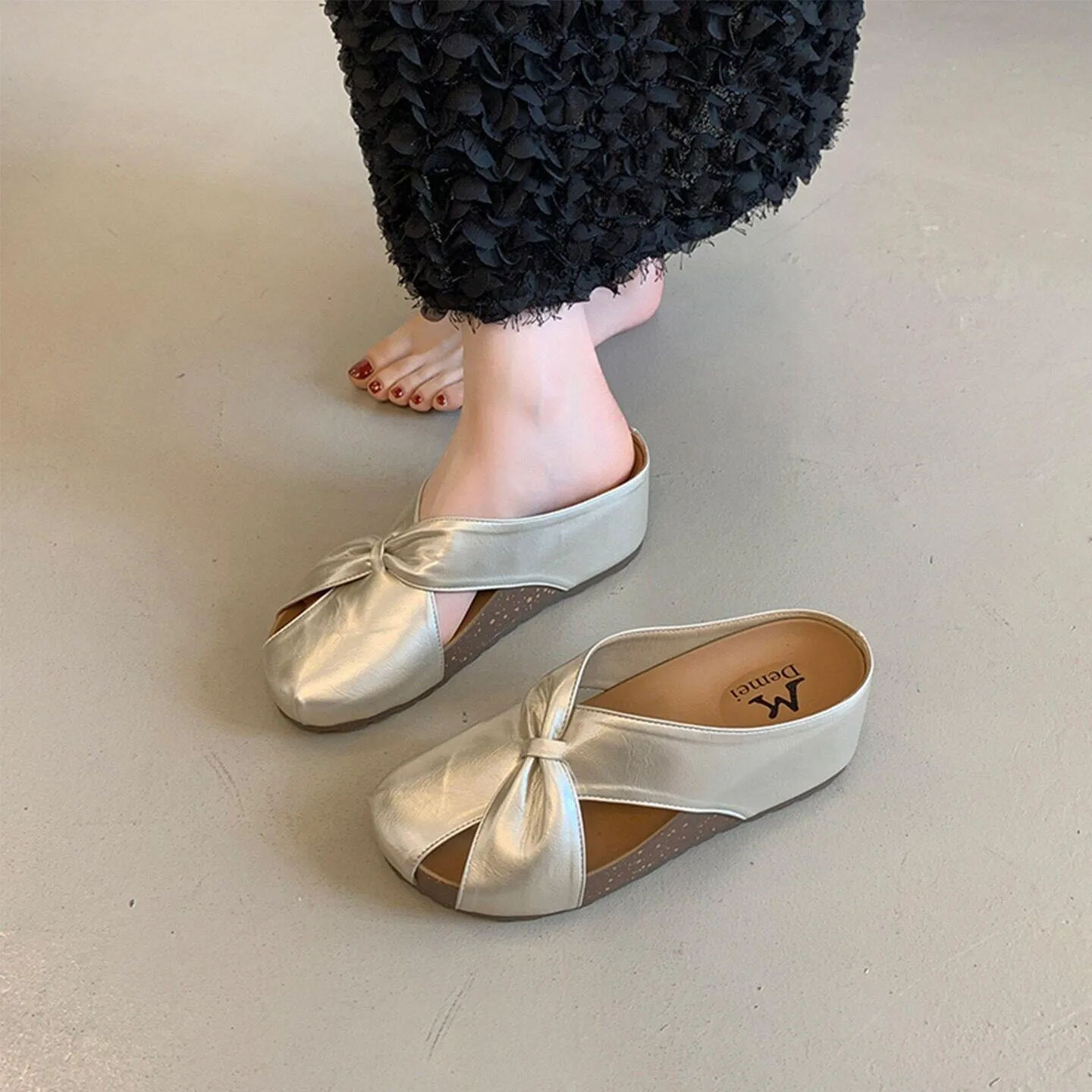 Metallic Wedge Sandals Women Cutout Bow Slippers Platform Thick Sole Closed Toe Mules Summer Outdoor Casual Beach Slides Shoes - view 2