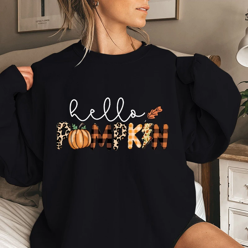 Hello Pumpkin Print Sweatshirt Funny Autumn Winter Leopard Pumpkins Sweatshirts Ladies Casual Round Neck Plus Size Pullovers