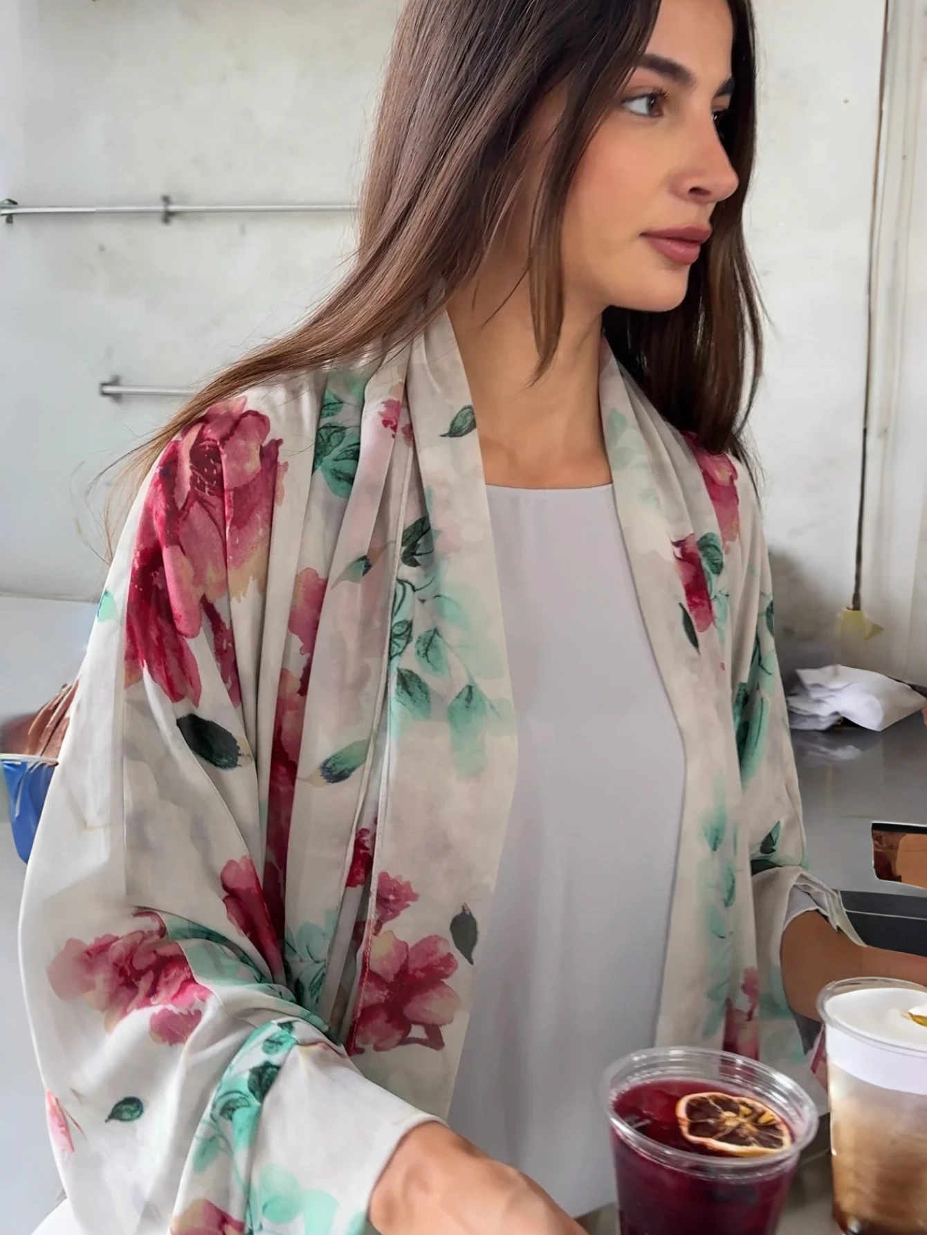 Middle Eastern Printed Floral Abaya+Hajib 2pcs Muslim Women Loose Open Front Abayas Full Sleeve Kaftans Maxi Dresses Jilbabs