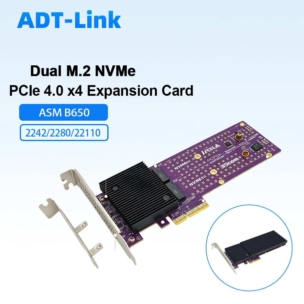 Dual M.2 NVMe PCIe4.0 X4 Adapter Expansion Card ASM B650 No Bifurcation + Heatsink for 2242/2280/22110 SSD NAS AI Video Server