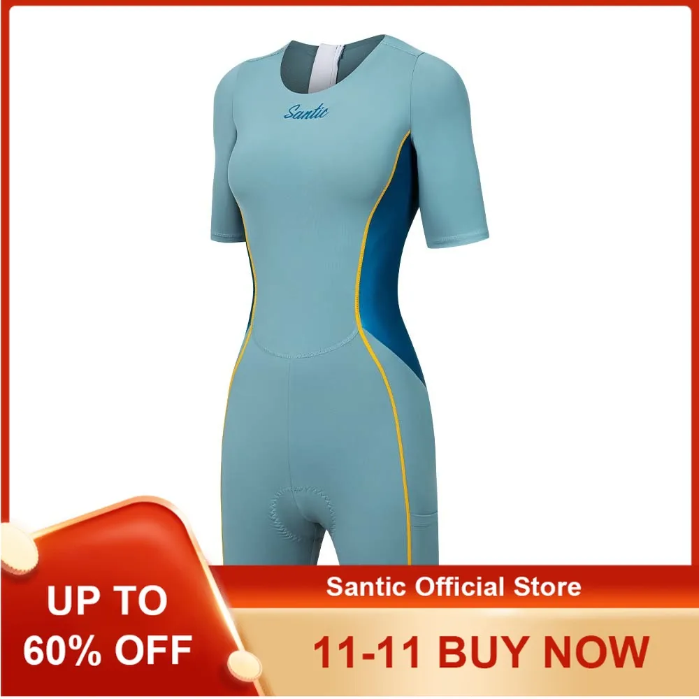 

Santic женские велосипедные костюмы для триатлона, летние шорты без рукавов с губчатой подкладкой, быстросохнущие для бега, плавания, велоспорта, нагрудники