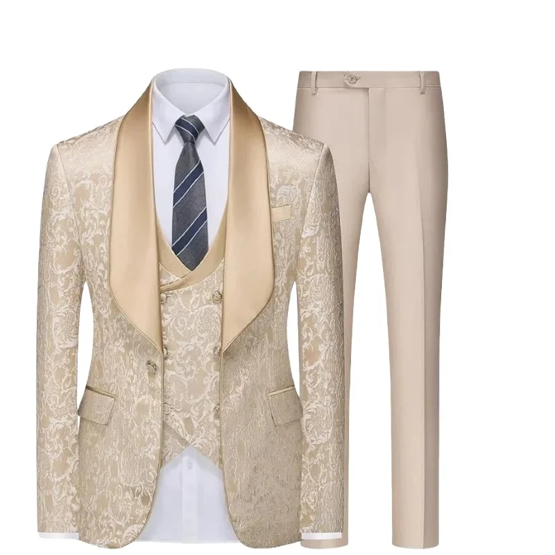 

New Champagne Jacquard Men's 3 Pieces Suit Formal Shawl Lapel Slim Fit Groom Tuxedos Best Man Blazer Set For Wedding Party Prom