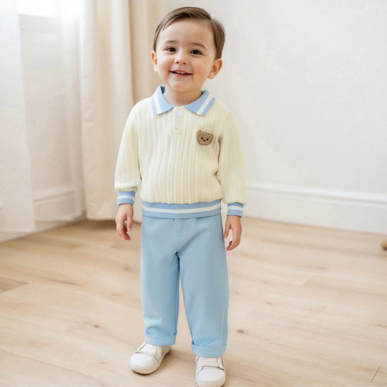 0-4Y Baby Boy 2Pcs Fall Outfit Long Sleeve Bear Embroidery Lapel Sweatshirt Tops Pants Set Warm Boys Clothes