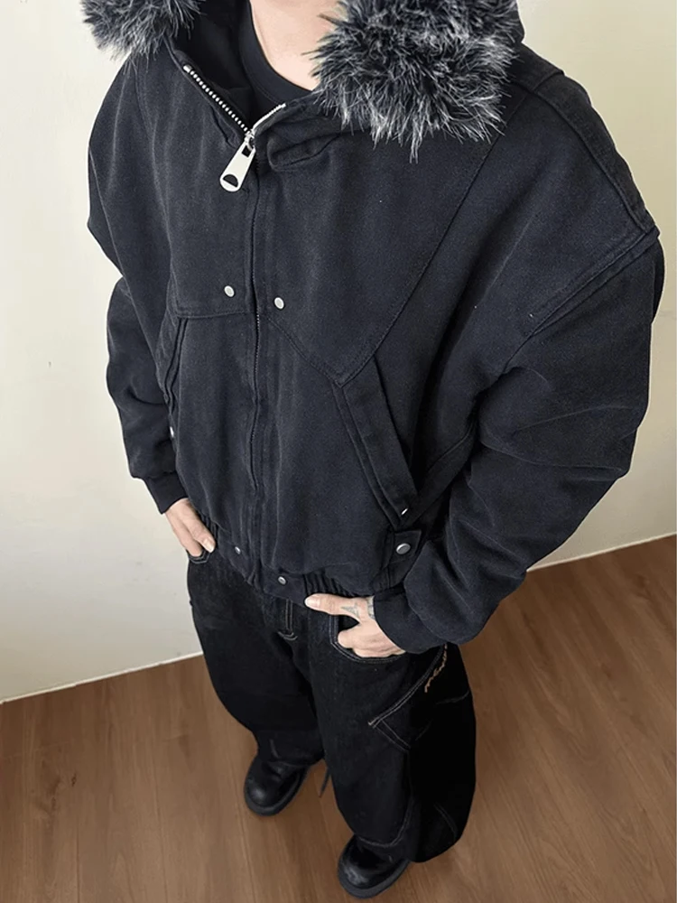 

Thiened Fce Lined Hooded Cotton Jaet Men's Winter Heavyweight Canvas Waed Fur Collar Workwear Cotton Coat