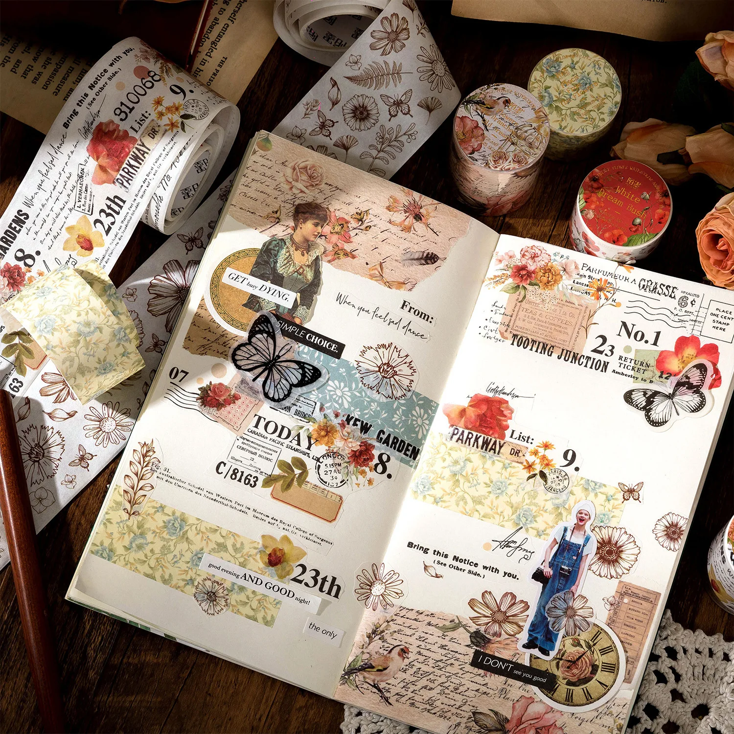 Flower Wonderland Series Masking Washi Tape Retro Floral Watercolor Decorative Adhesive Material Sticker Label Scrapbooking