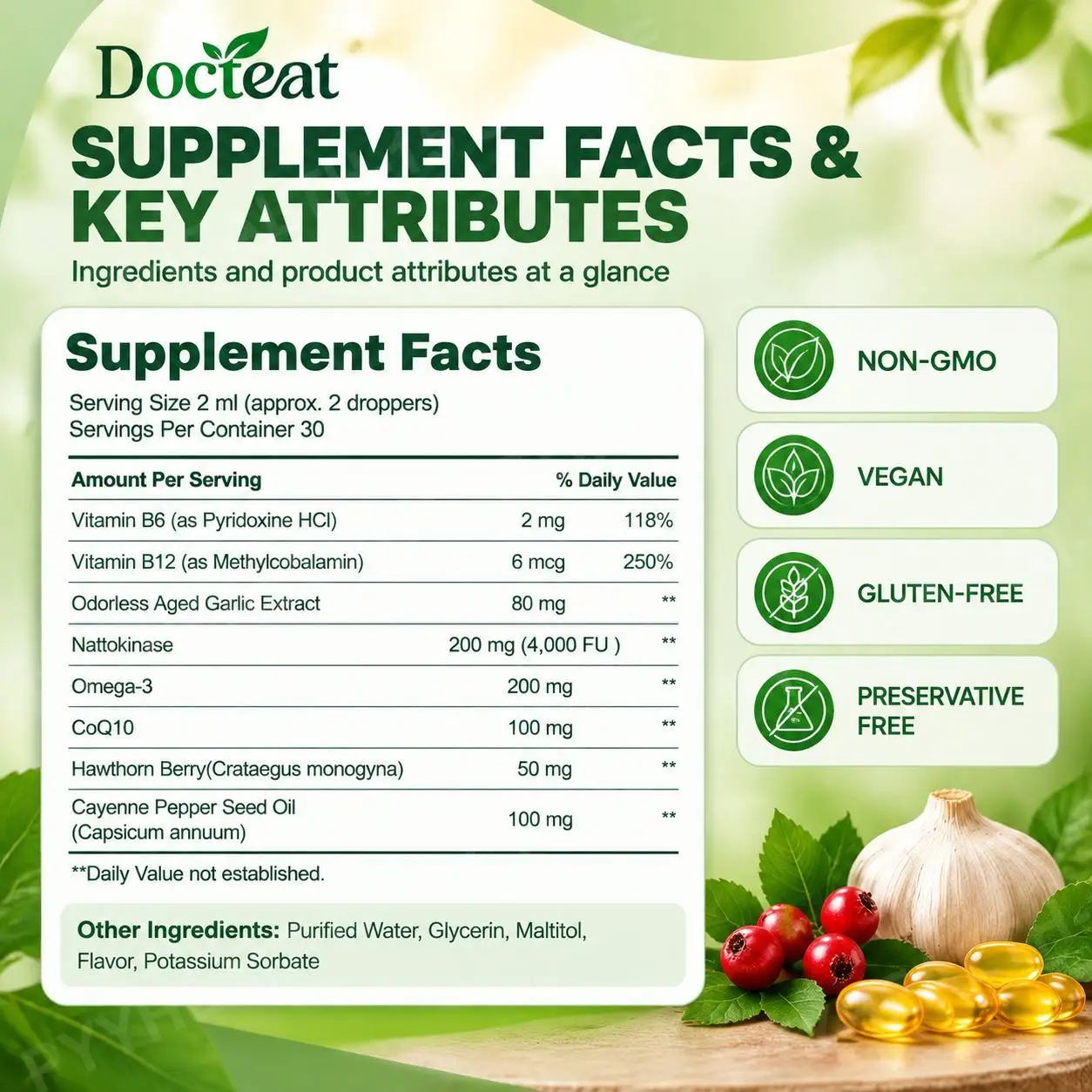 Aged Garlic Extract Liquid Drops for Healthy Circulation & Heart Function with Nattokinase 4000 FU & Omega-3, Odorless, 60ml