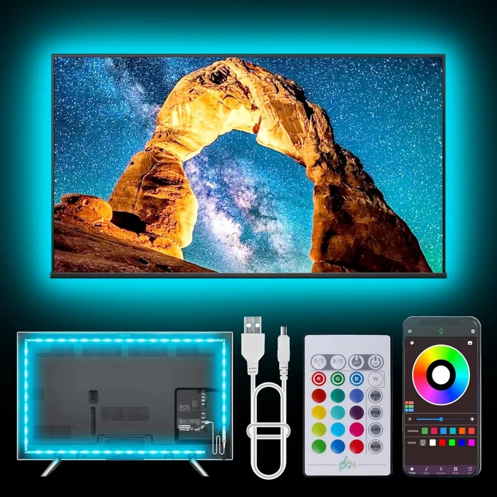 32-80인치 TV용 LED 조명, 20피트 TV LED 백라이트, RGB LED 스트립 조명 음악 동기화 색상 변경, USB 라이트 스트립