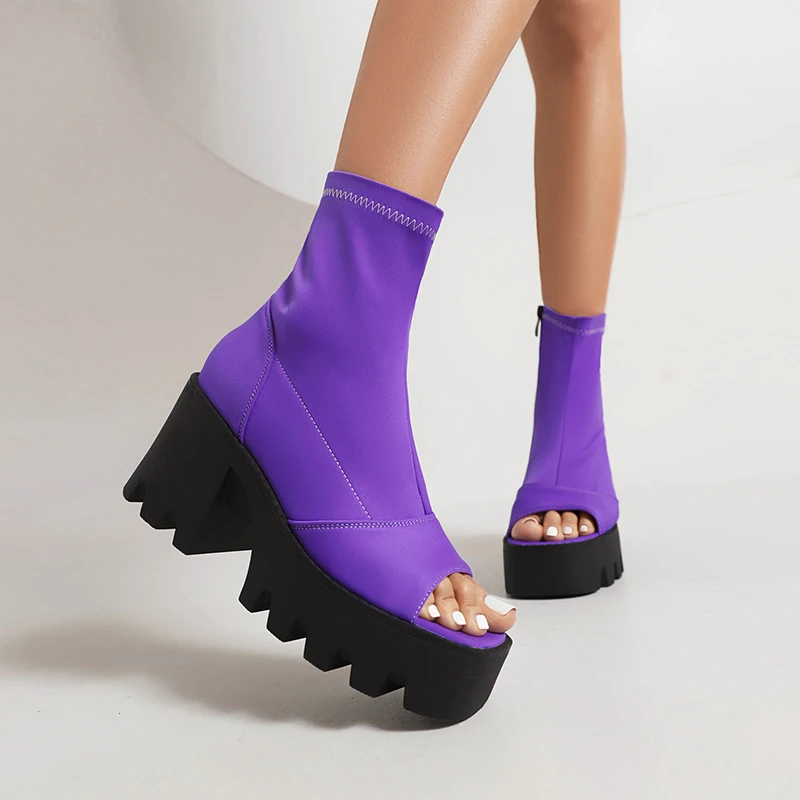 Materiale in Lycra viola suola piatta con tacco spesso scarpe con punta aperta rialzata piattaforma cerniera laterale stivali corti da donna estivi