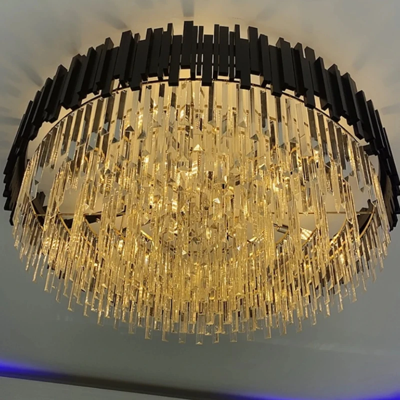 

French minimalist Black LED Crystal chandelier,lustre Hardware Fashionable villa decoration Ceiling dimmable for living room