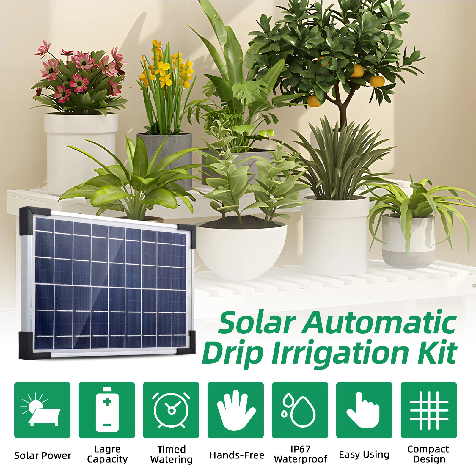 

Solar Auto Drip Irrigation System Solar Powered Drip Irrigation Kit Built-in 2200mAh Battery Supported 30 Pots 7 Timer Modes IP6