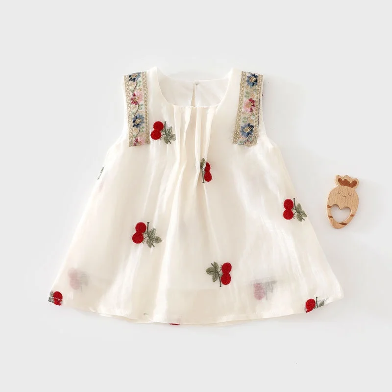 2026 Summer Princess 3M-3T Kids Dress Cherry Embroidery Baby Girl Clothes Infant Cute Flower Print One-piece Dress