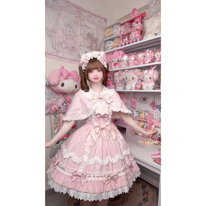 Soft Girl Pink Cute Doll Feeling Sweet Lolita Dress Jsk Cloak Ancient Lolita Princess Dress Women 2025 Spring Summer Dress