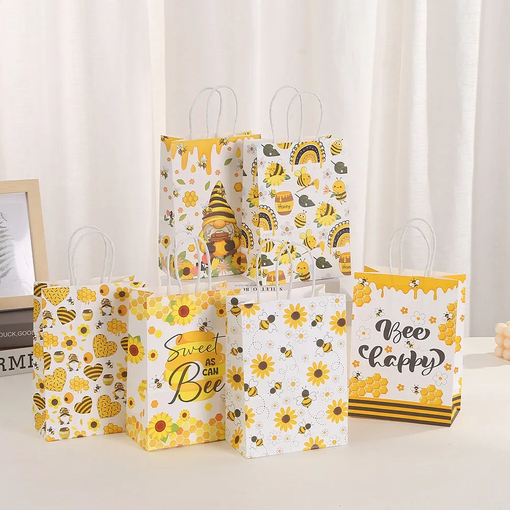 6pcs Sweet Sunflower Honey Bees Theme Gift Packing Bag Paper Candy Favor Box for Kids Birthday Baby Shower Wedding Party Decor