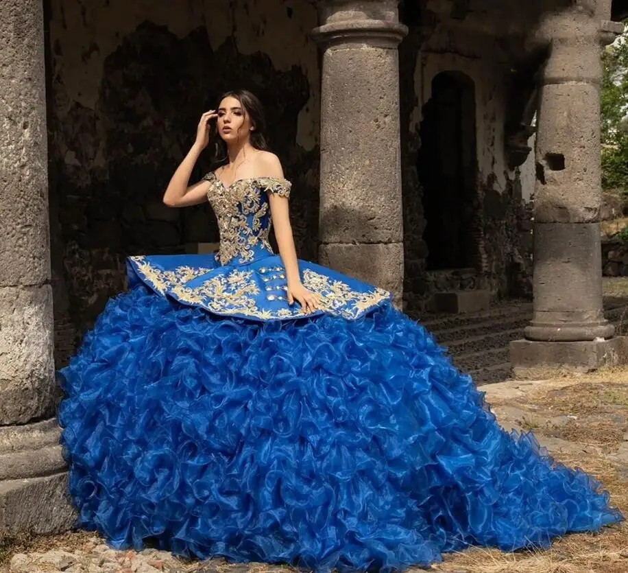 Vestido De quinceañera Azul Real, Charro mexicano, falda De lujo con volantes, Apliques De encaje, dulce 16. ° Vestido De graduación De Xv Años 15t, 2024