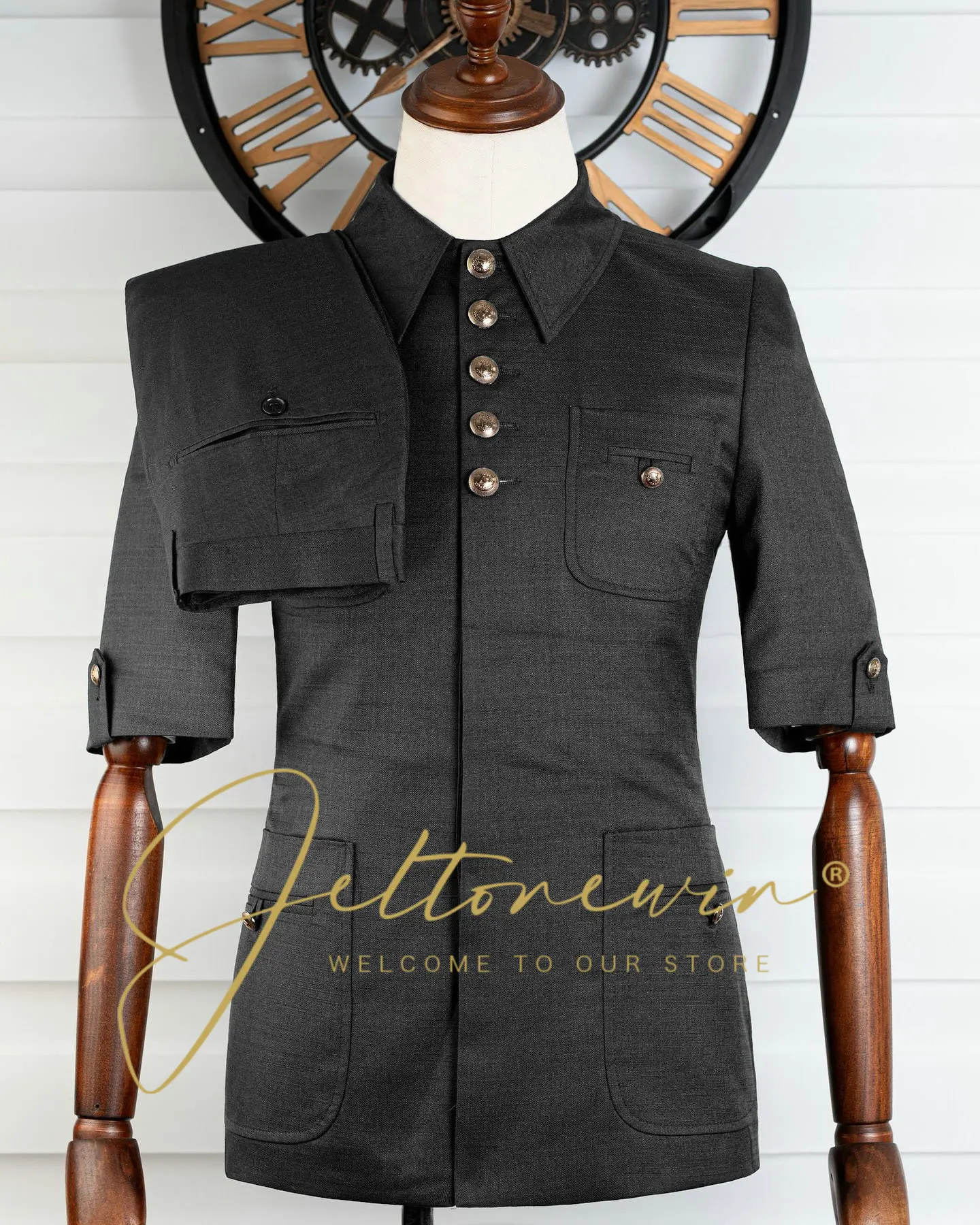 

Customized Mens Suits Dark Grey African Stand Lapel SLim Fit Male Wedding Clothing 2 Piece Jacket Pants Sets Party Blazer