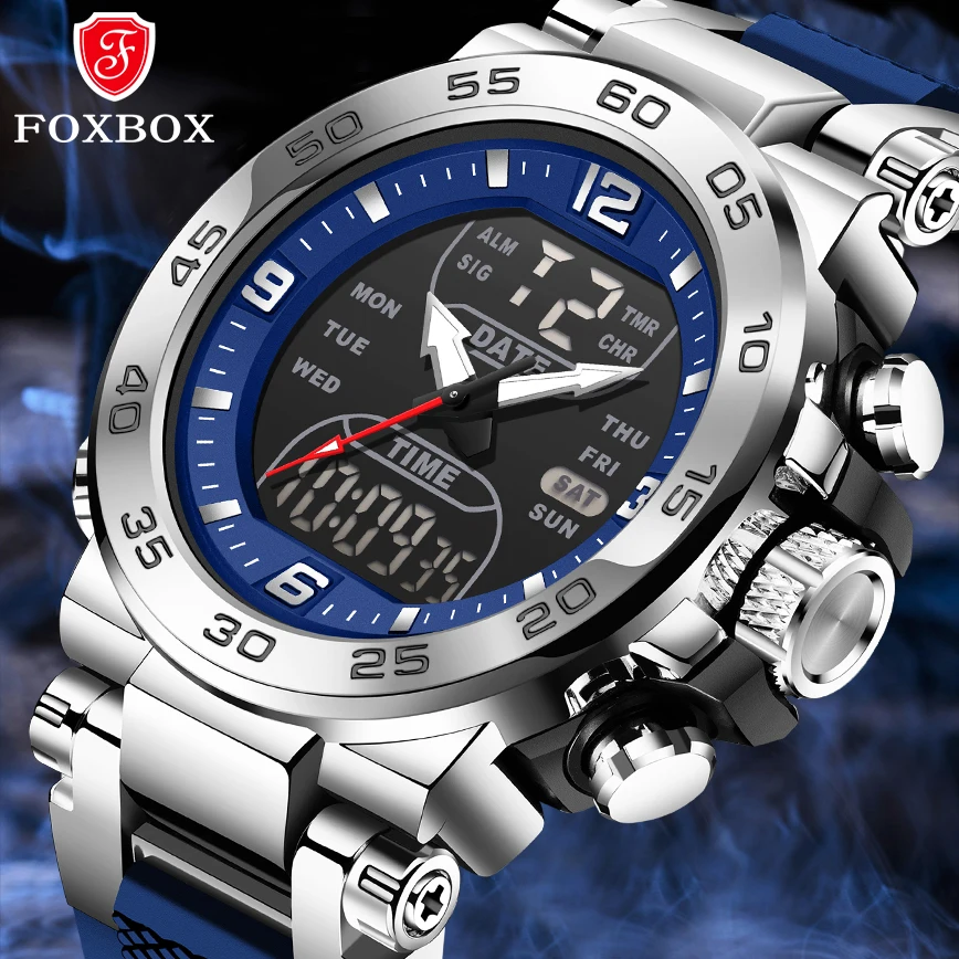 FOXBOX Sport Electronic Man Watch Fashion Casual Outdoor Dual Digital Display Clock Waterproof Date Alarm Weeks Watches for Men