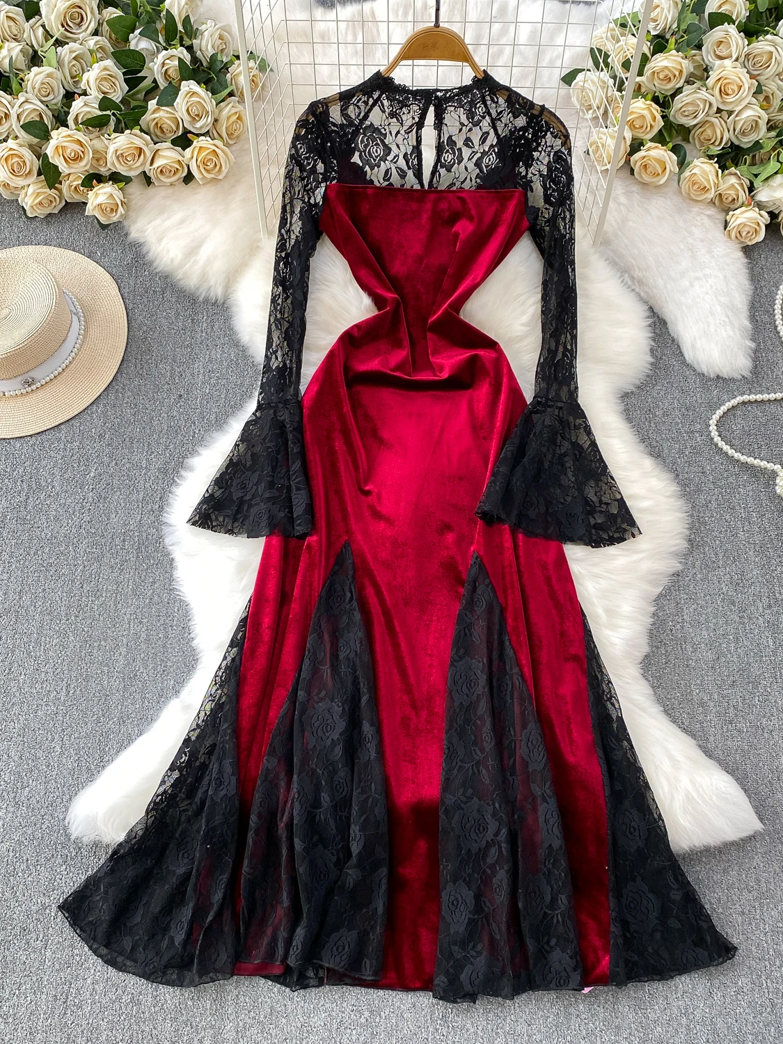 Ele veludo renda redonda ne bell sve longo dr feminino cintura alta a linha fi cauda vestido sofisticado sensação dr