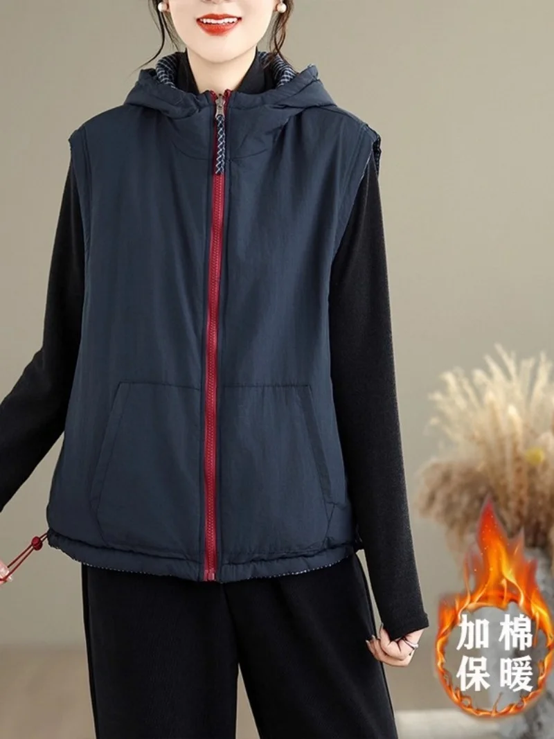 

Reversible Vest Jacket Women 2025 Autumn/Winter Checkered Double Sided Hooded Warm Tank Top Sleeveless Cotton Clothes w1497