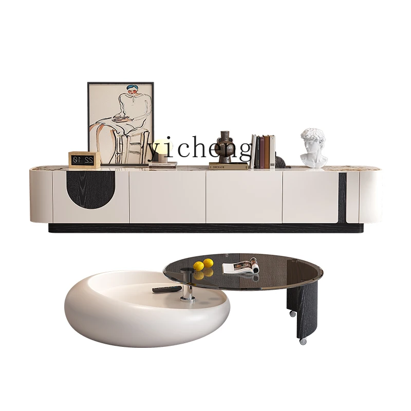 

TQH tempered glass coffee table living room modern apartment rotating Italian round coffee table rock board TV cabinet