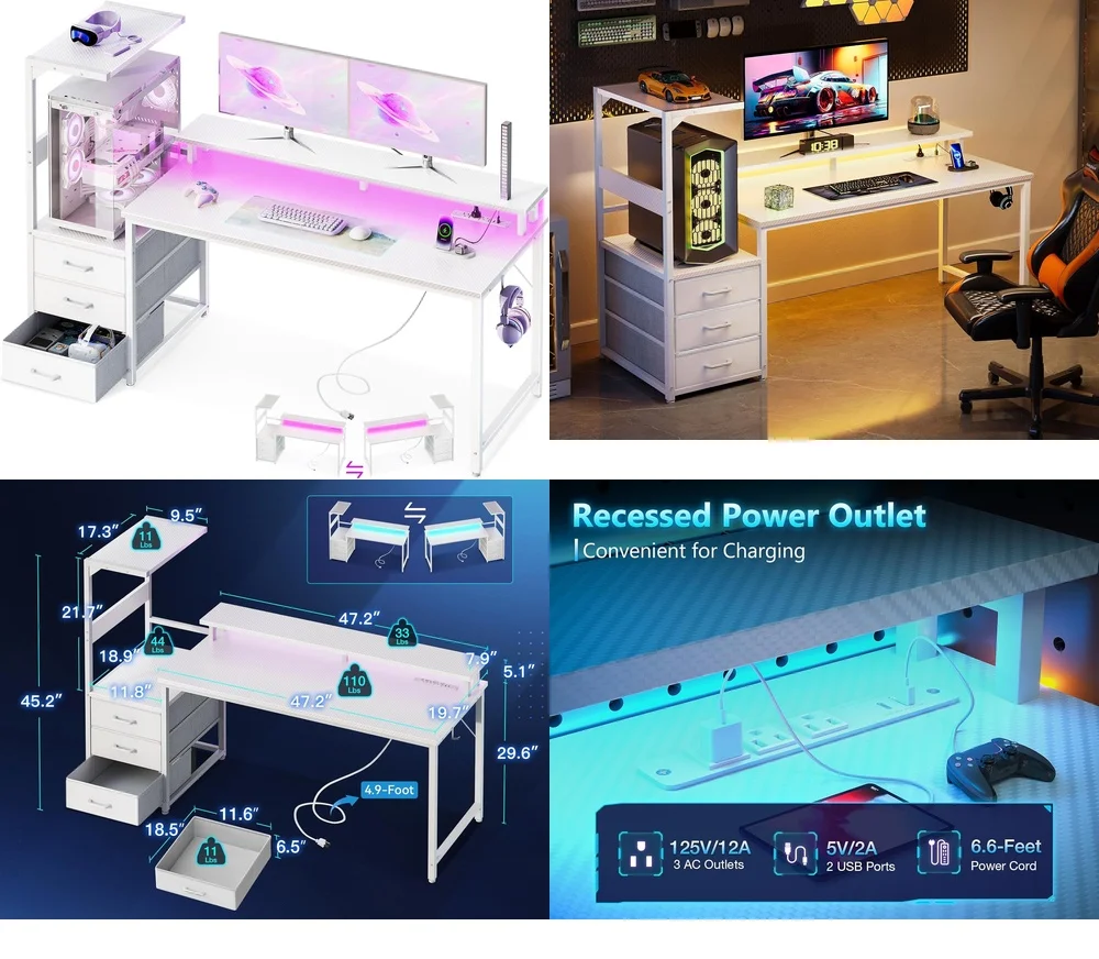 

Computer desks59 inch Gaming Desk with USB Charging Ports and RGB LED Lights Dual Surface Computer Desk for Home Office Study