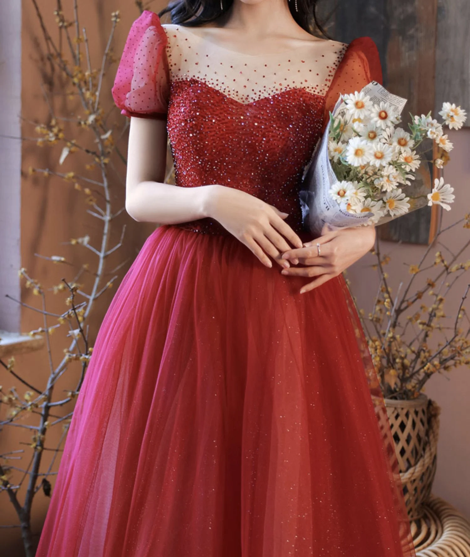 Nuevos Vestidos De Noche De lujo De color rojo vino, corte en A, cuello cuadrado, lentejuelas, cuentas brillantes, manga abombada, Vestidos De Noche formales