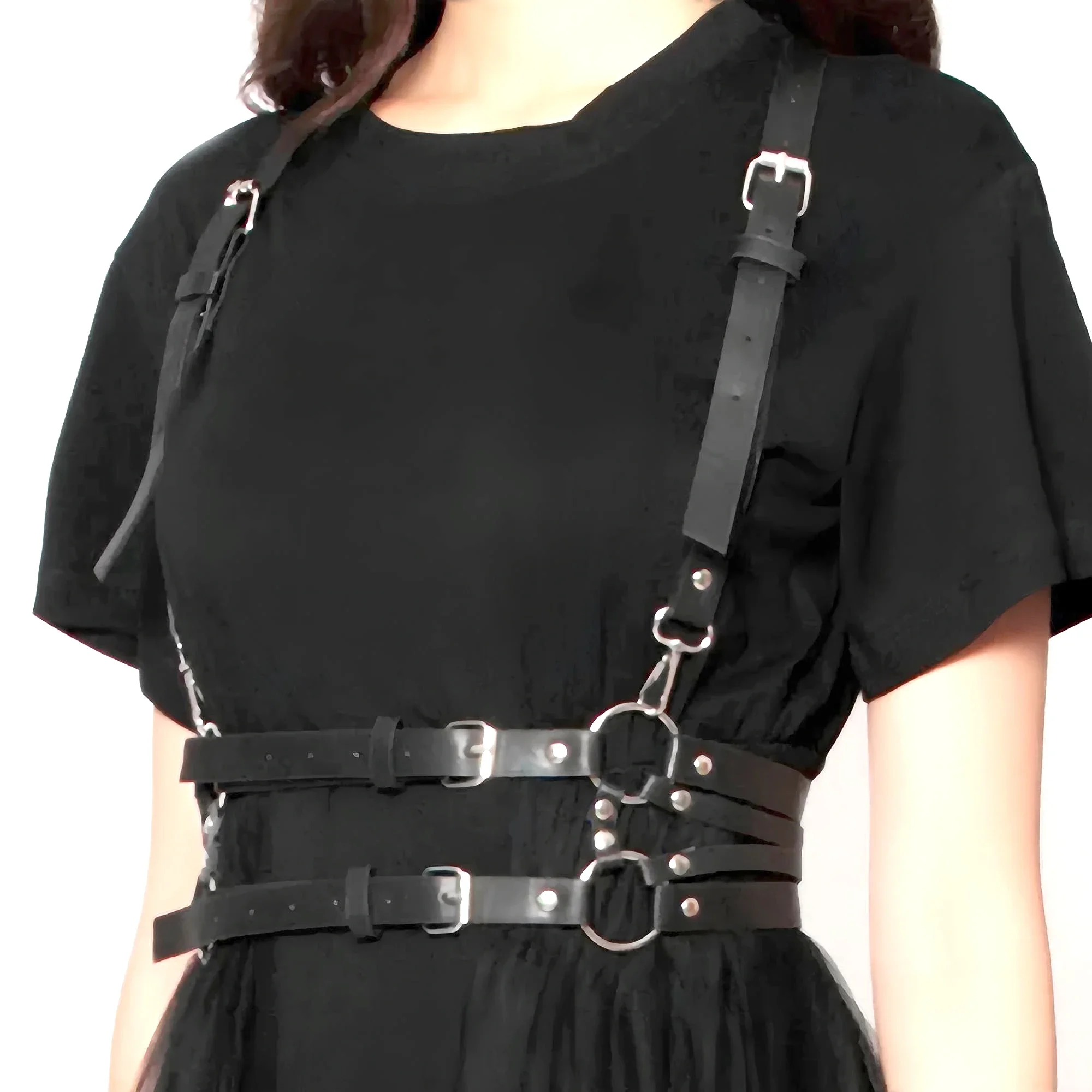 Women Fashion Leather Harness Waist Belt Studded Decor Decorative Harness Straps Suspenders for Women Gothic Clothing Accessorie