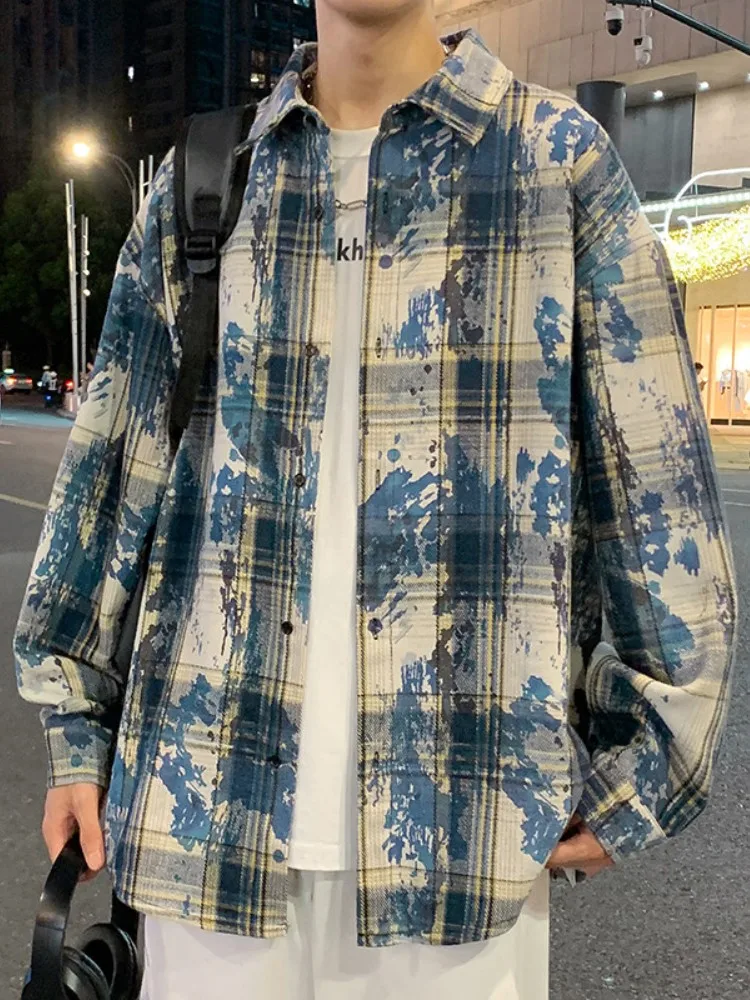 

American Sle Retro Tie Dye Plaid Long Sve Men's irt Spring Autumn Small Fraance Sle Jaet Haome Top