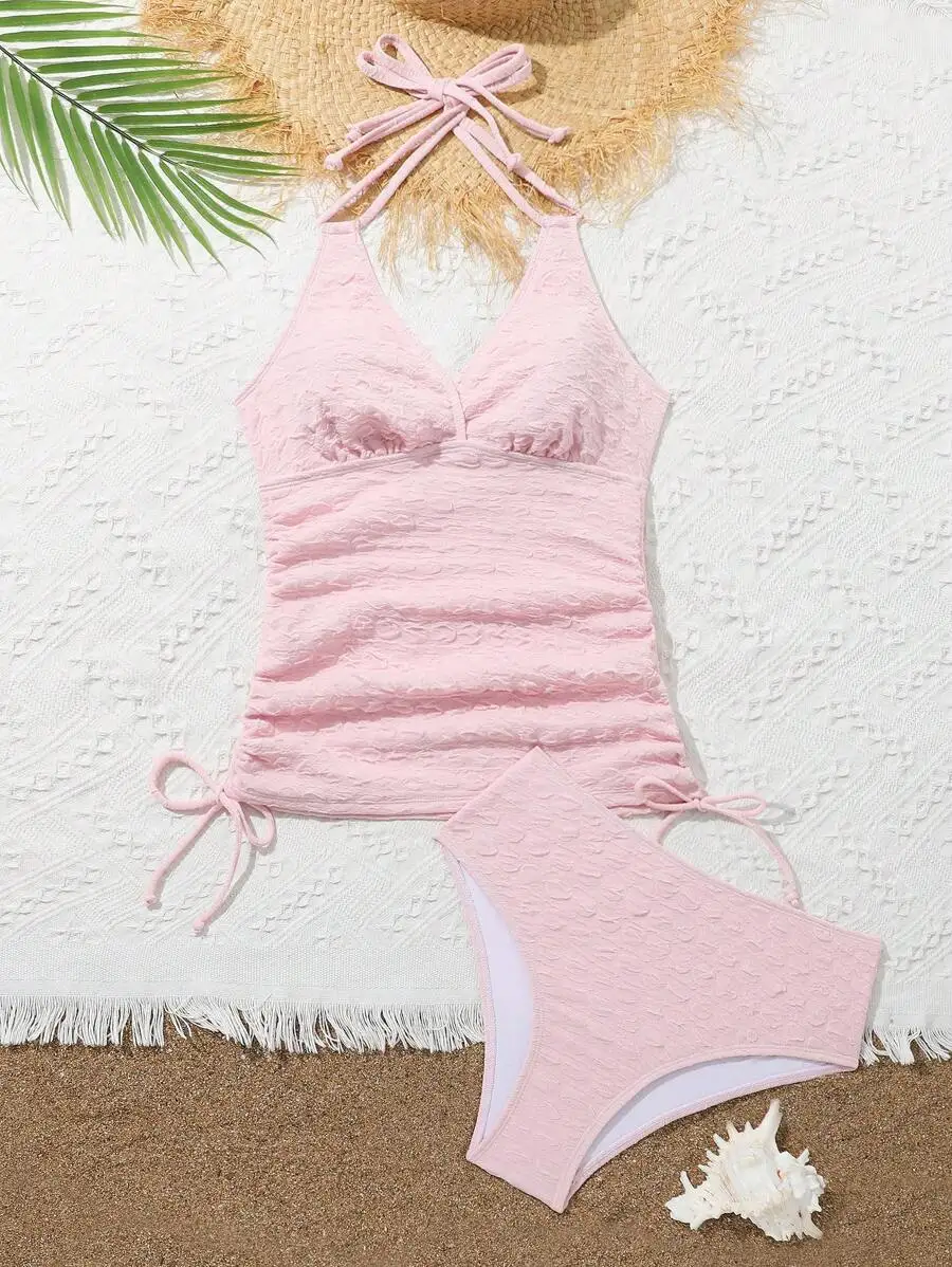 

Pink Textured Halter Tankini Set For Women Summer Beach Swimwear