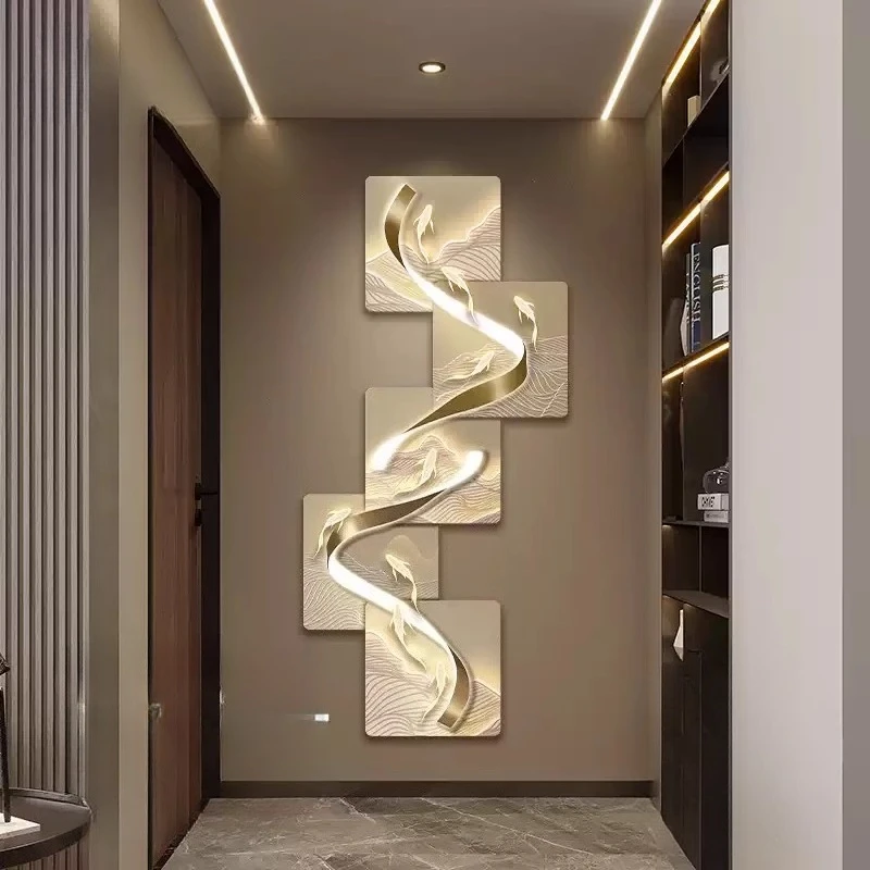 

Modern Light Luxury 3D Crystal Inlaid Nine Fish LED Clock Mural - Entrance/Corridor/Hallway Remote Dimmable Art Decor Fixture