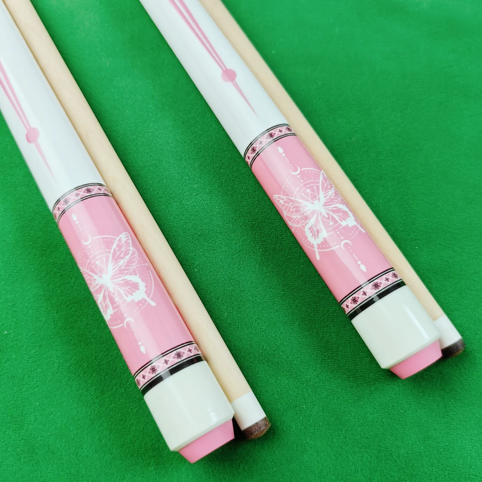 1/2 Split Maple Pool Cue Stick, American 9-Ball Billiard Cue, Pink Butterfly and White Decorative Pattern, 13mm Tip