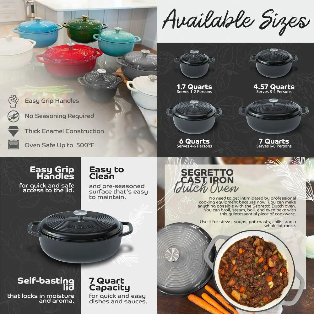 

7-квартная черная эмалированная чугунная голландская духовка с крышкой, идеально подходит для выпечки хлеба, приготовления супов и многого другого