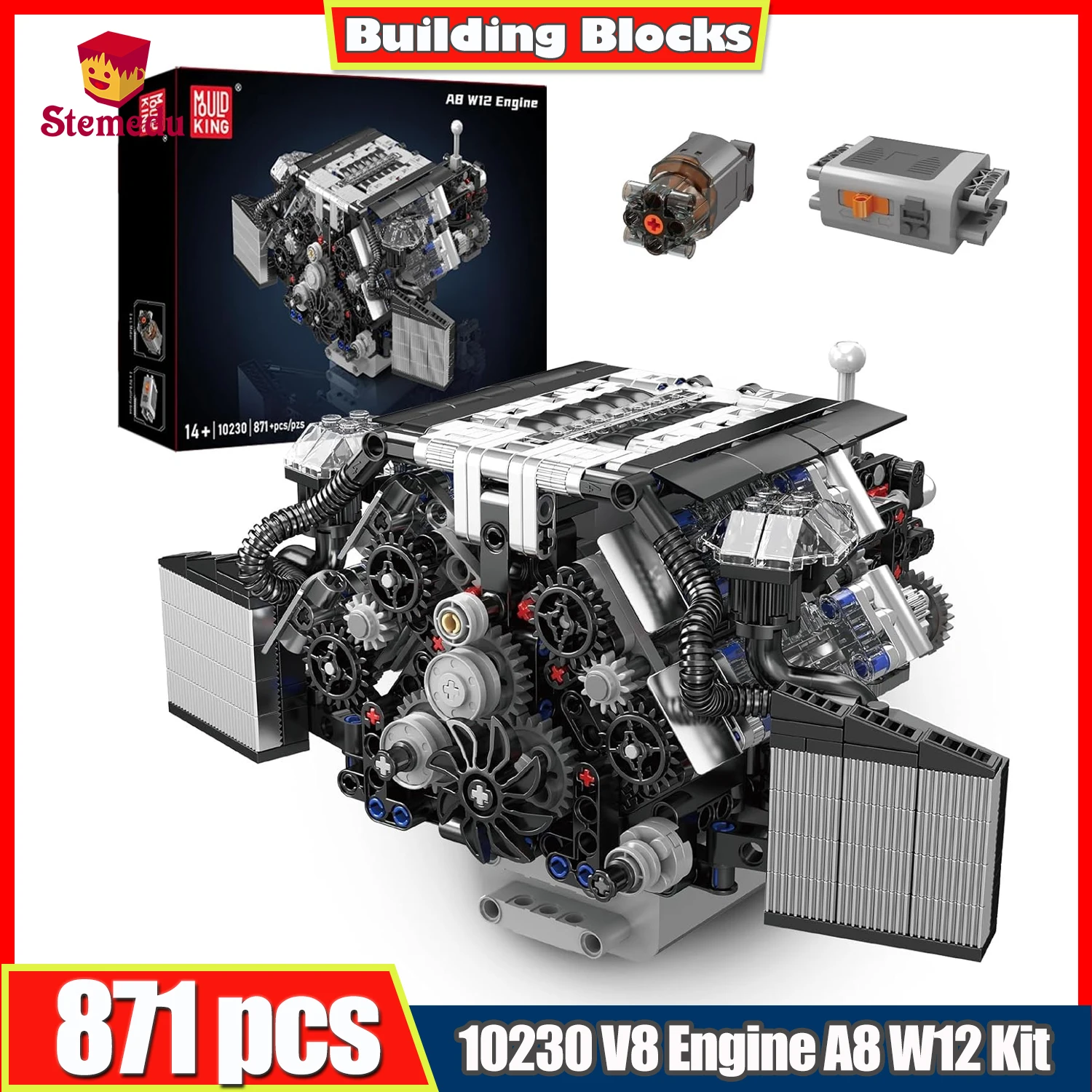 

871pcs 10230 V8 Engine Works A8 W12 Sports Car Engine Model Building Kit Electric Power Version, STEM Engineering Toy Mould King