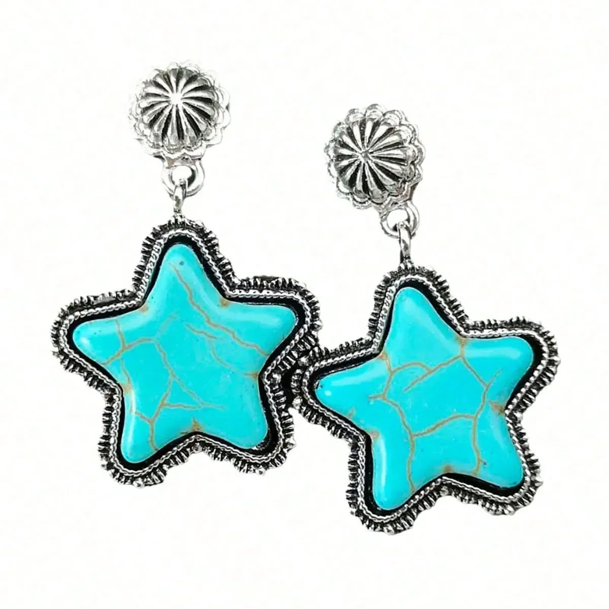 زوج من الأقراط النسائية الكبيرة المصنوعة من حجر النجمة الزرقاء العتيقة مجوهرات فضية اللون انخفاض الشحن