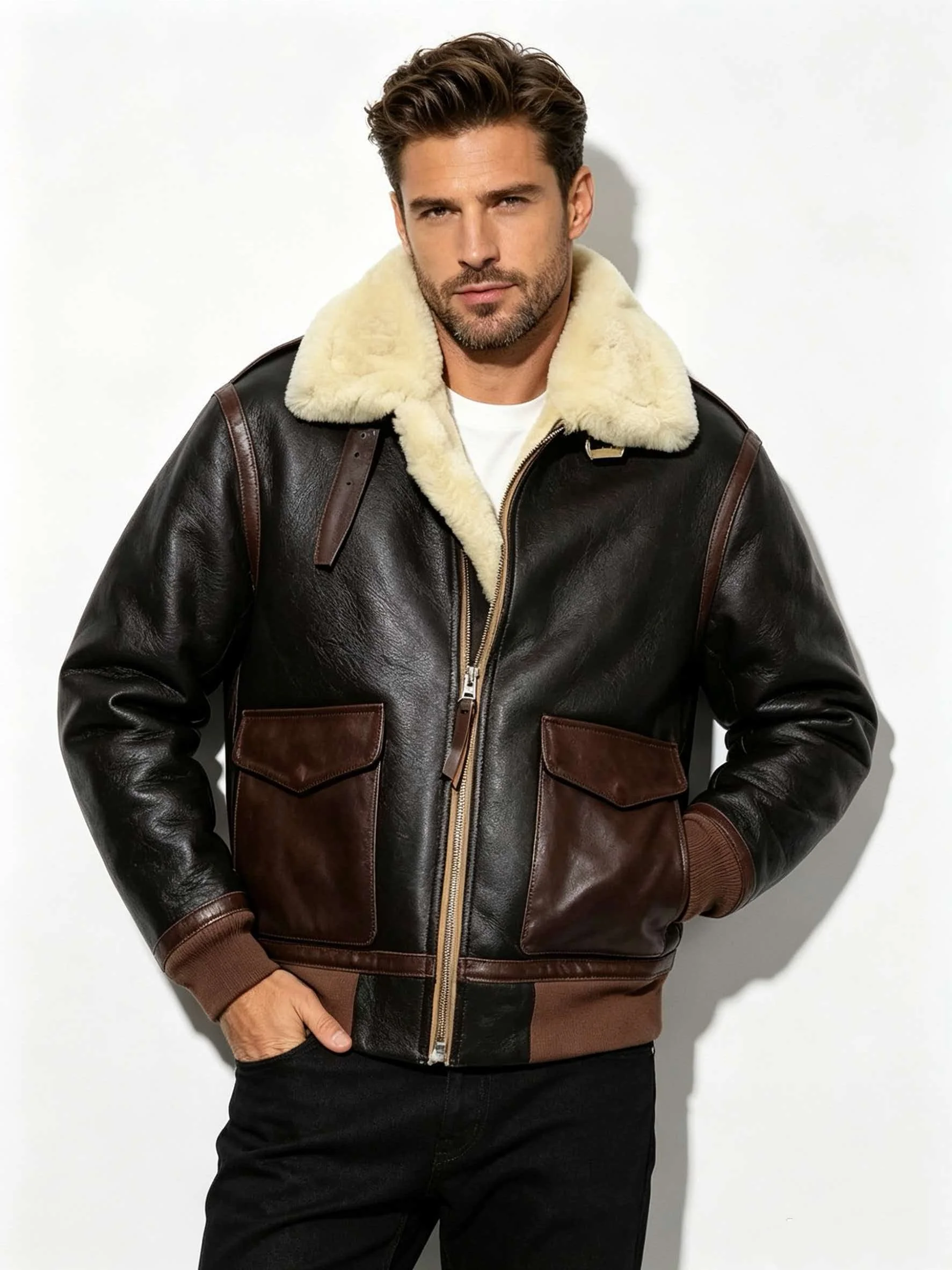 Black Winter Shearling Jacket Men Retro Style Plus Size 4XL Genuine Natural Sheepskin Turn-Down Collar Thick Warm A2 Flight Coat