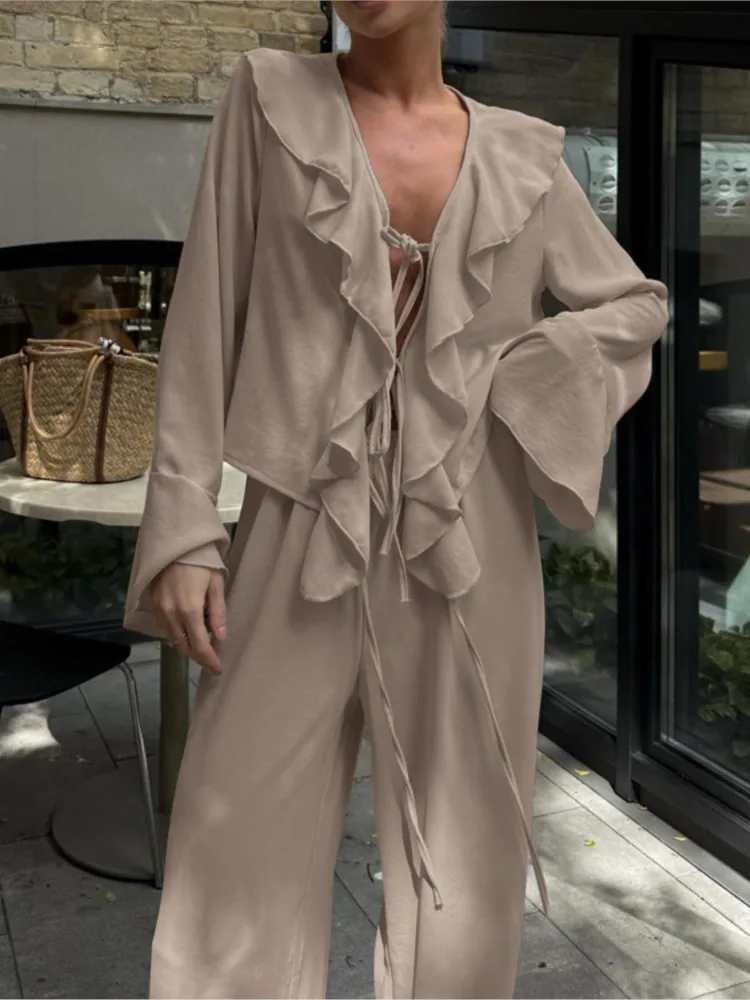 

Casual Loose Pants Set Women 2025 Summer Chic Vintage Long Sleeve Ruffle Lace Up Shirt+High Waist Wide Leg Pants Two Piece Sets