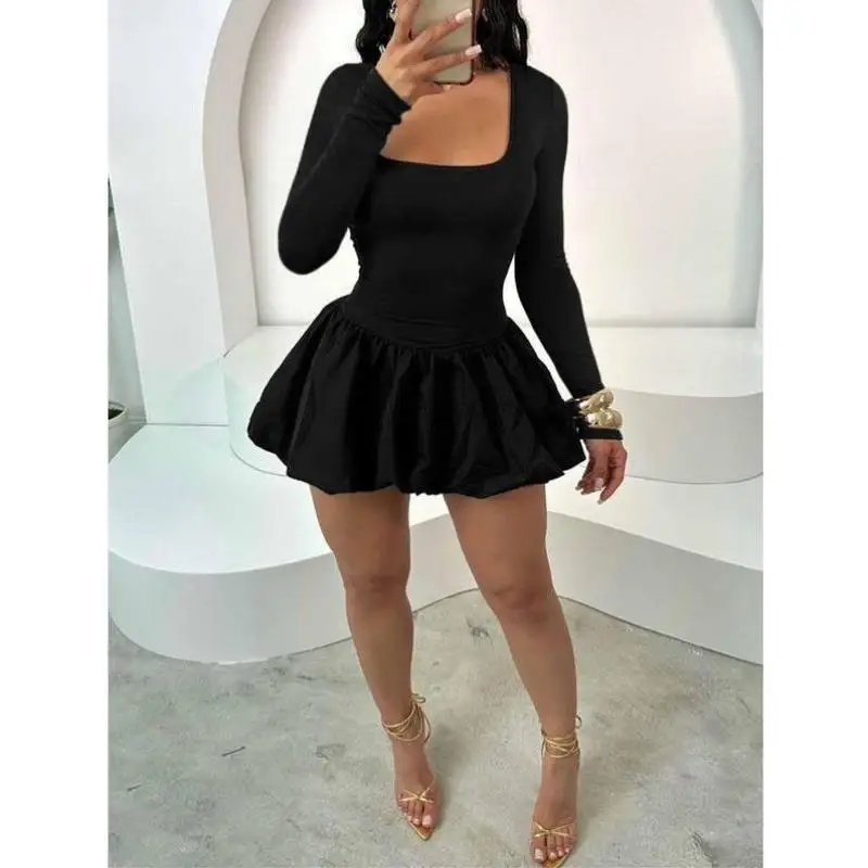 

Ladies Pure Color Square Collar Skirt with Lace Decoration Casual Sport Suit Seven Sve Autumn Season Faion