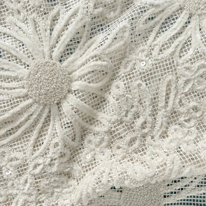 Beige Cutout Embroidered Lace Fabric Soft Breathable Summer Wedding Dress Tunic Top DIY Handmade Craft Material Apparel Design