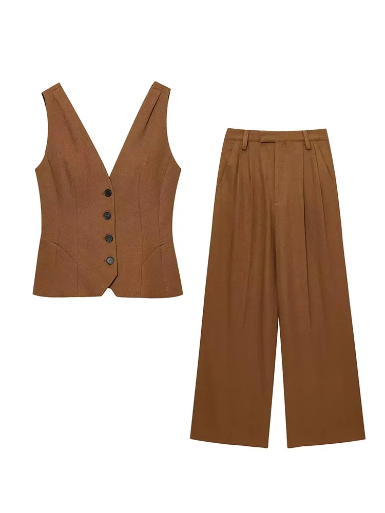 

HH Women Summer Fashion V-neck Single Breasted Linen Blend Loose Vest+Chic Pocket Zippered Linen Blend Pleated Pants Suit