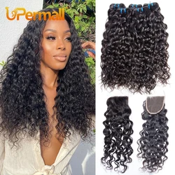 UperMixer-Mèches Brésiliennes Naturelles Remy Ondulées, Cheveux Humains avec Closure, Transparent HD, 4x4, Noir Naturel, 3/4