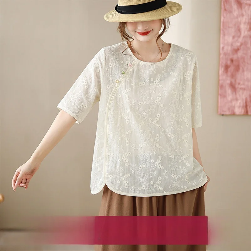 

Artistic Embroidered round Neck Slanting Button Women's Cotton Shirt Summer New Style Chinese Style Small Shirt T-Shirt