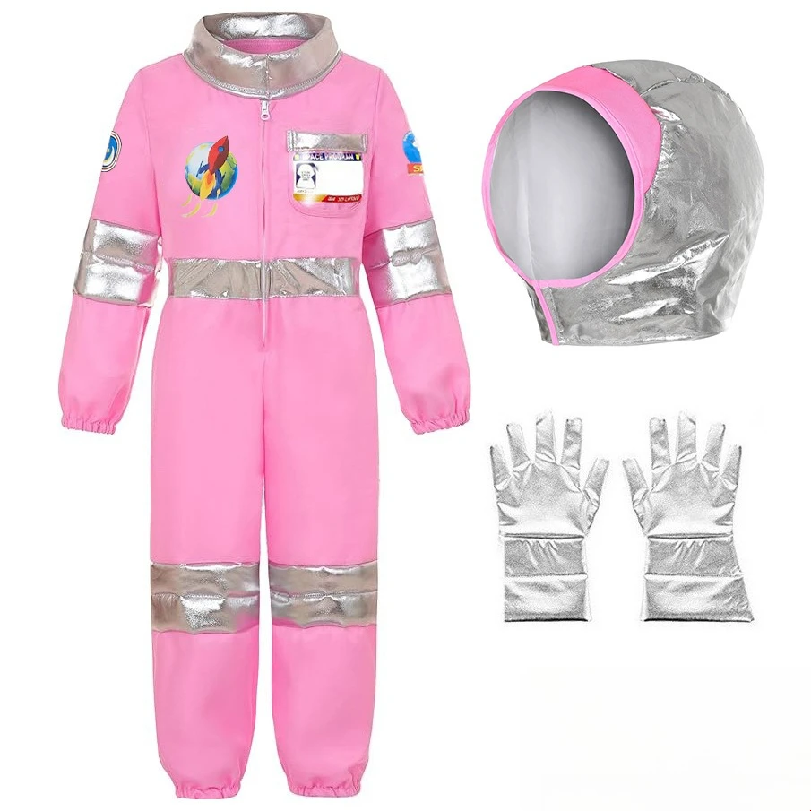 Conjunto de Disfraz de Astronauta Rosa Brillante Plateado con Mono, Casco y Guantes para Fiesta Temática Espacial y Disfraz de Halloween