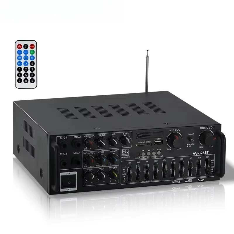 AV-326BT Audio Amplifier 4 Microphone Input 2.0 Channel Stereo Bass Mixer Karaoke Device For Home And Car Use