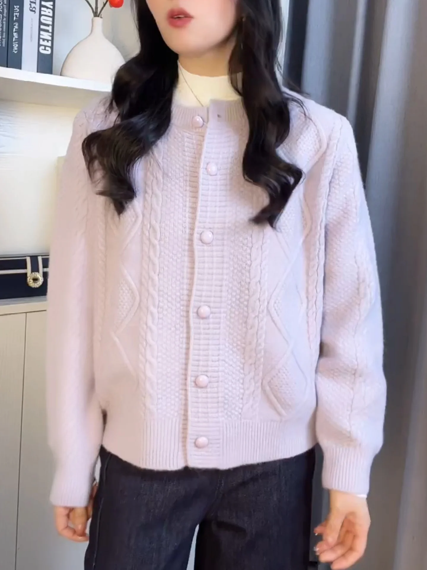 

Thiened Warmth Women's Knitted Plaited ort Open Cardigan Purple Commuting Sle Korean Loose Fit Long Sve round Ne