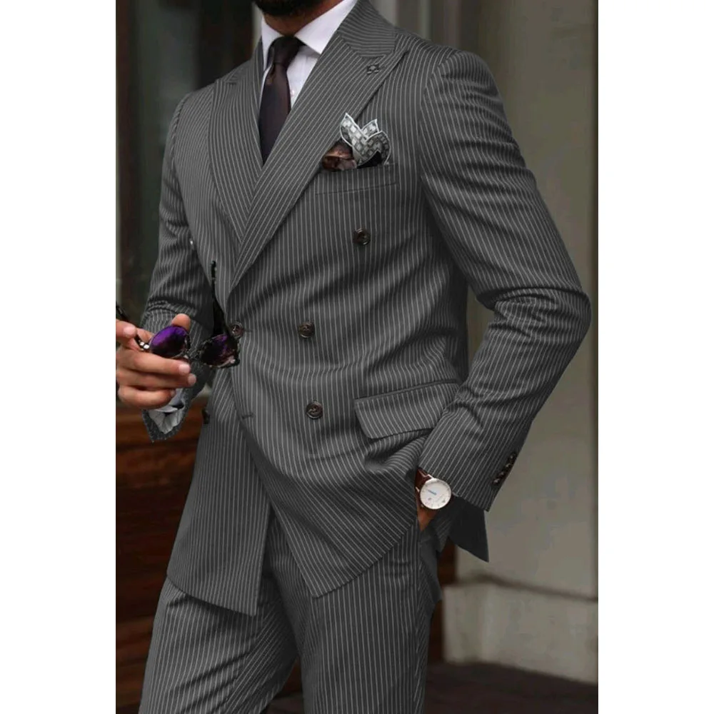 Men\'s Pinstripe Two Piece Suit Double Breasted Elegant Stylish Work Wear Hallowen Costume Man Men\'s Wedding Suits Mens Clothing