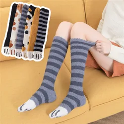Cat Paw Winter Socks Women's Long Stripe Cute Floor Sleep Thick Girls Cartoon Animal Fingers Warm Sock For Women Cat Foot Knee