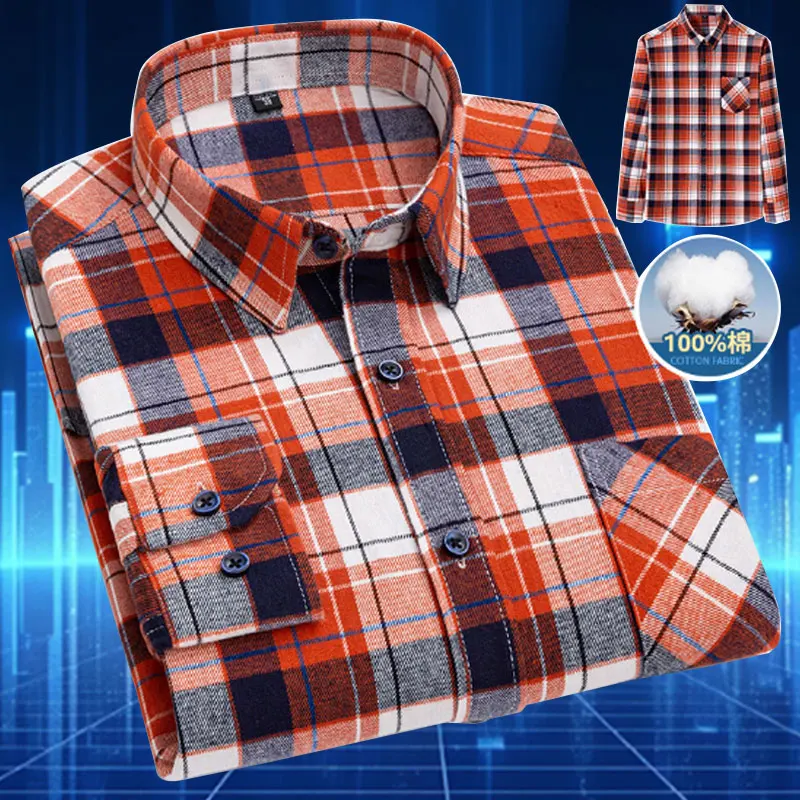 Large 6XL Men\'s 100% Cotton Flannel Brushed Plaid Shirt Non-iron Wrinkle Resistant Long Sleeve Fashion Slim Fit Business Casual