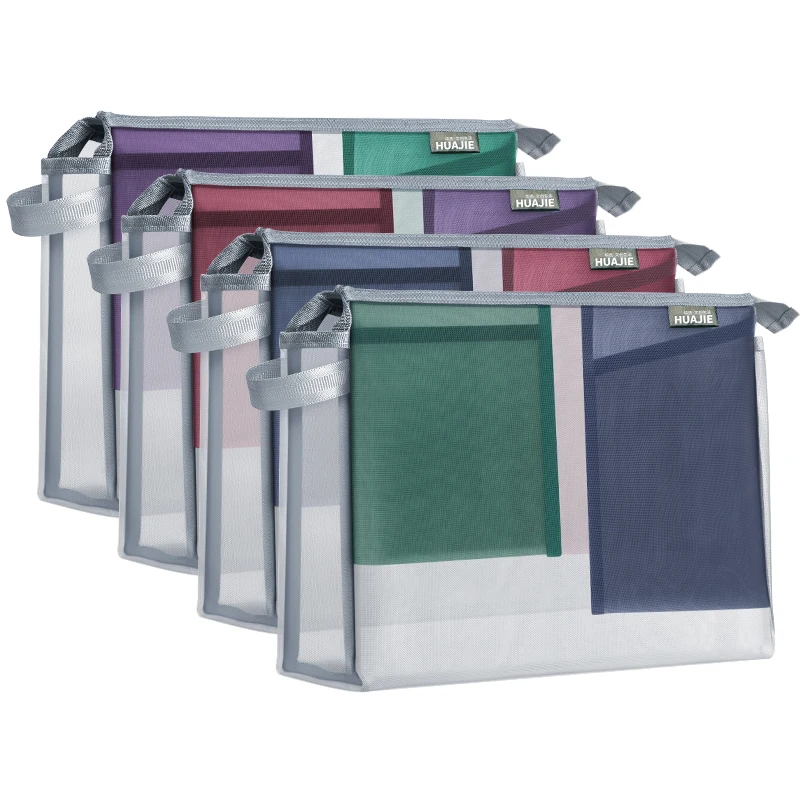 A4 Transparent Mesh Storage Bag - Huajie Color Block Design, Zippered Multi-Pocket, Student Homework Handheld Subject Organizer