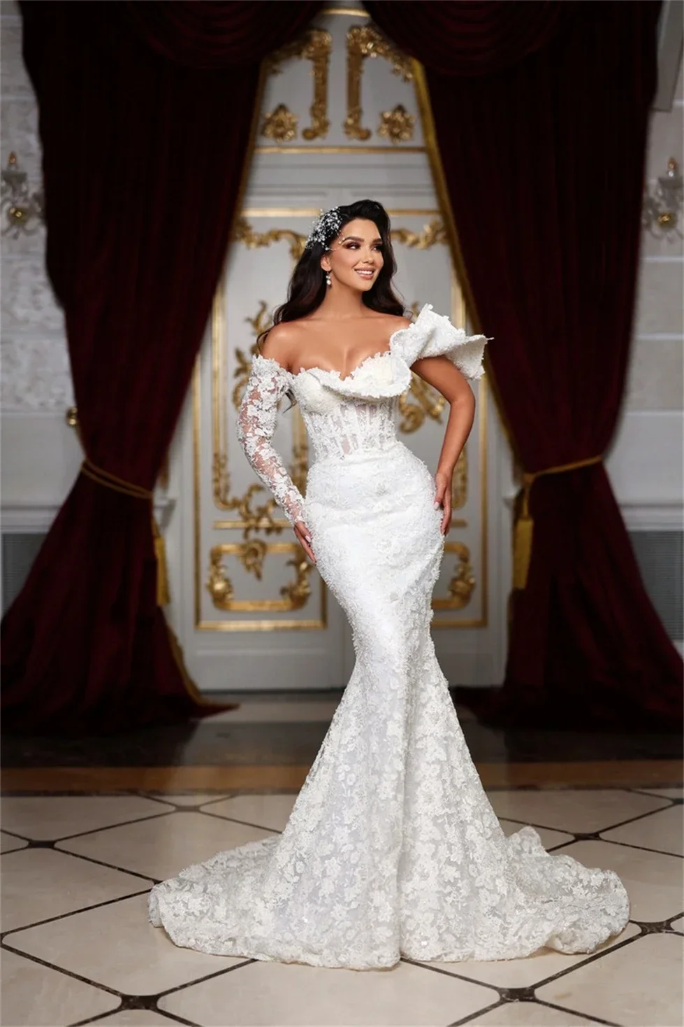 Personalizado querida renda apliques sereia vestido de casamento para noiva com trem destacável uma manga longa robe de casamento