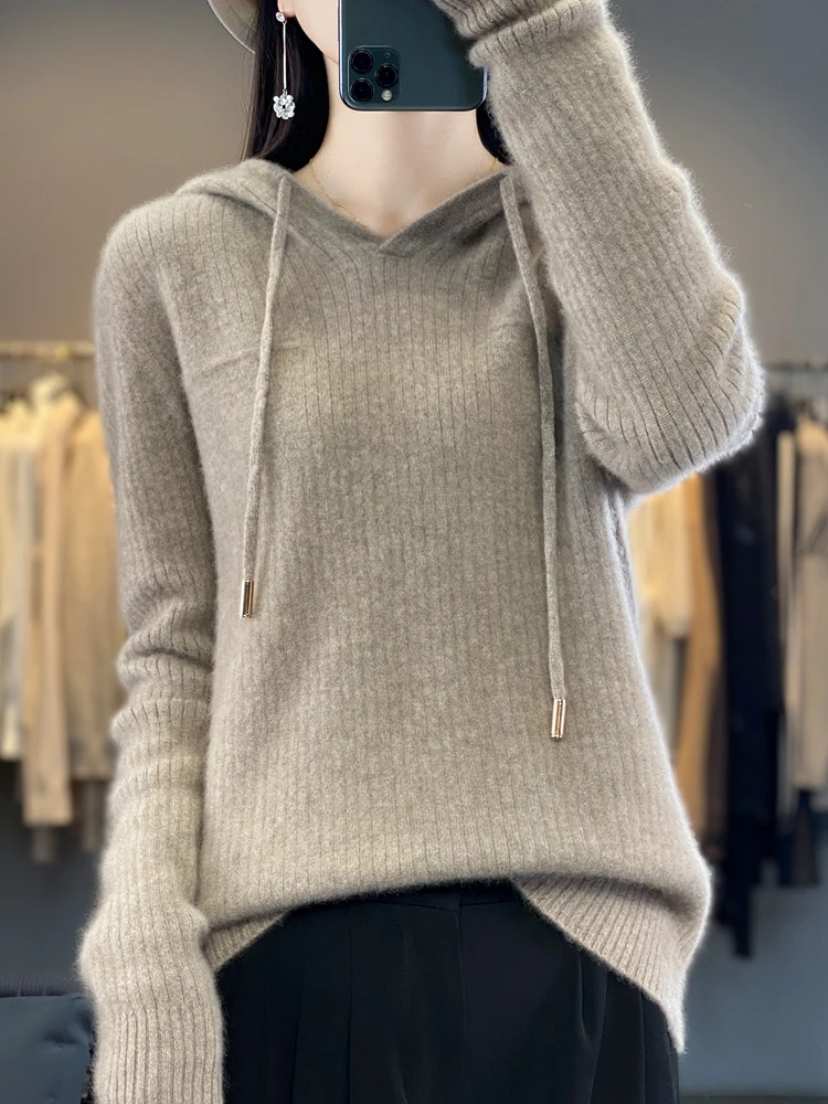 

Yoyoselect Autumn Winter Women 100% Pure Merino Wool Hoodie Sweater Soft Casual Pullover Solid Colour Cashmere Clothing Korean