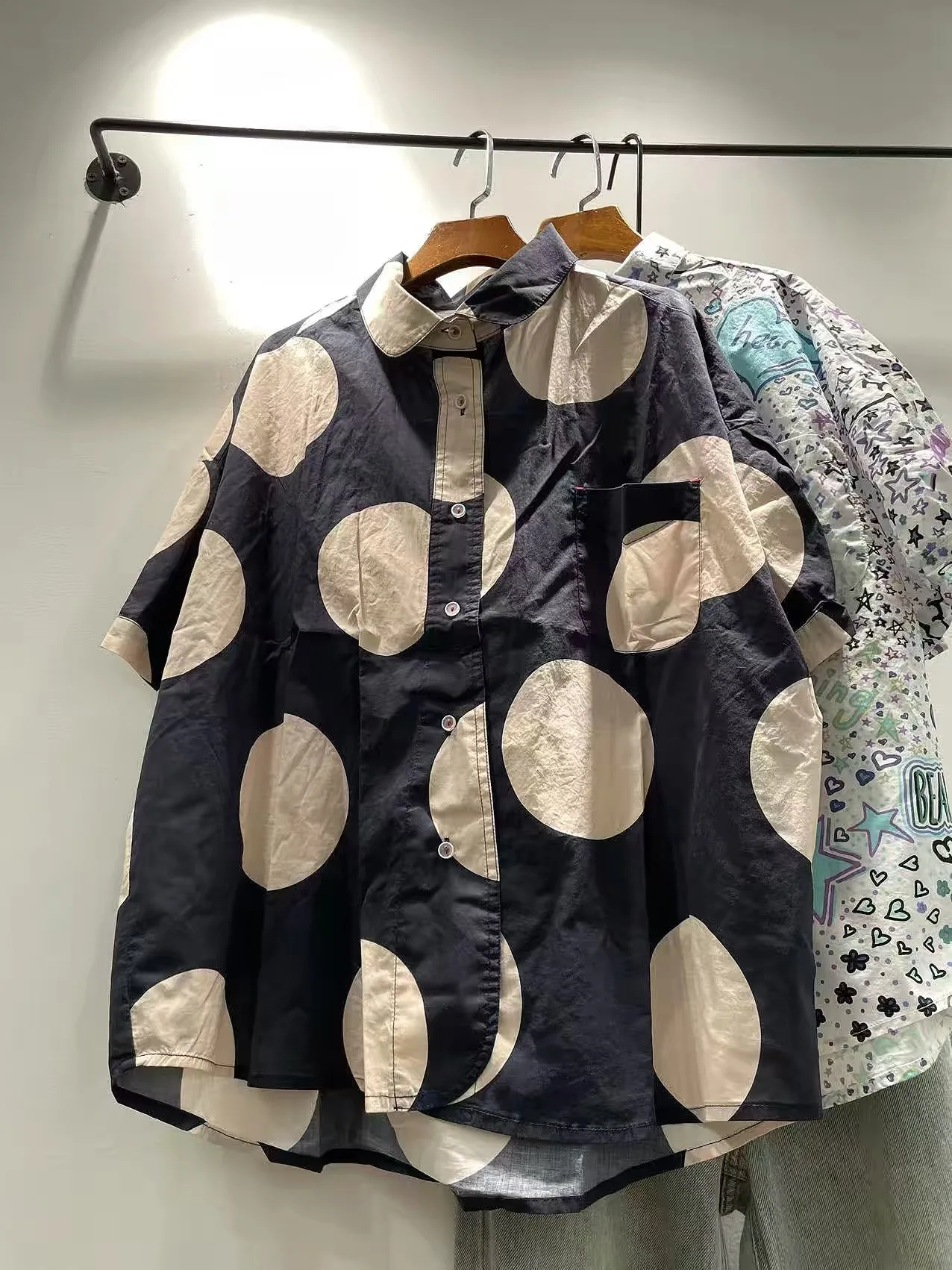 Bust 128cm plus size polka dot print shirts for women Japanese harajuku fashion summer 100% cotton short sleeve blouses